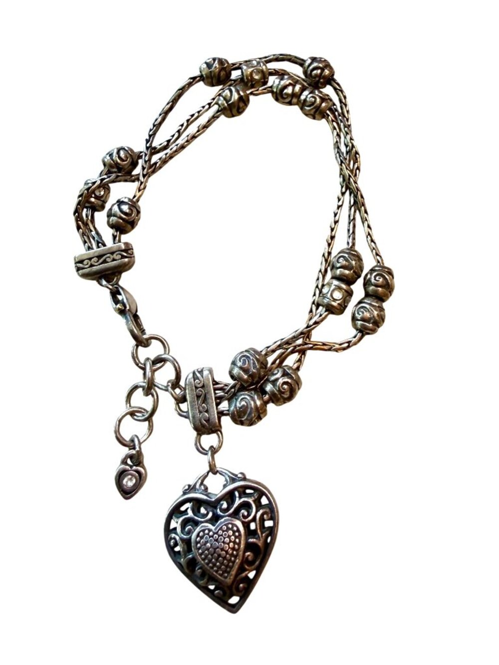 Brighton Reno Triple Strand Heart Charm Bracelet Silver Tone 7-8"